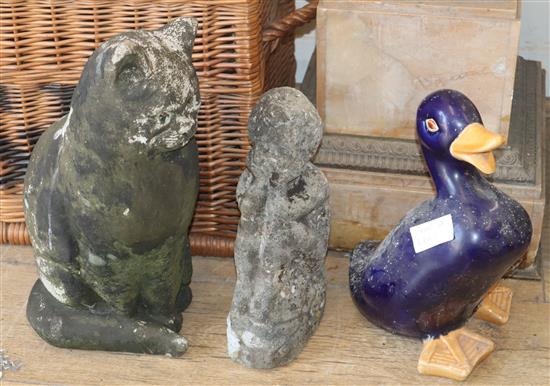 Garden ornaments: duck, cat and cherub Largest 37cm high